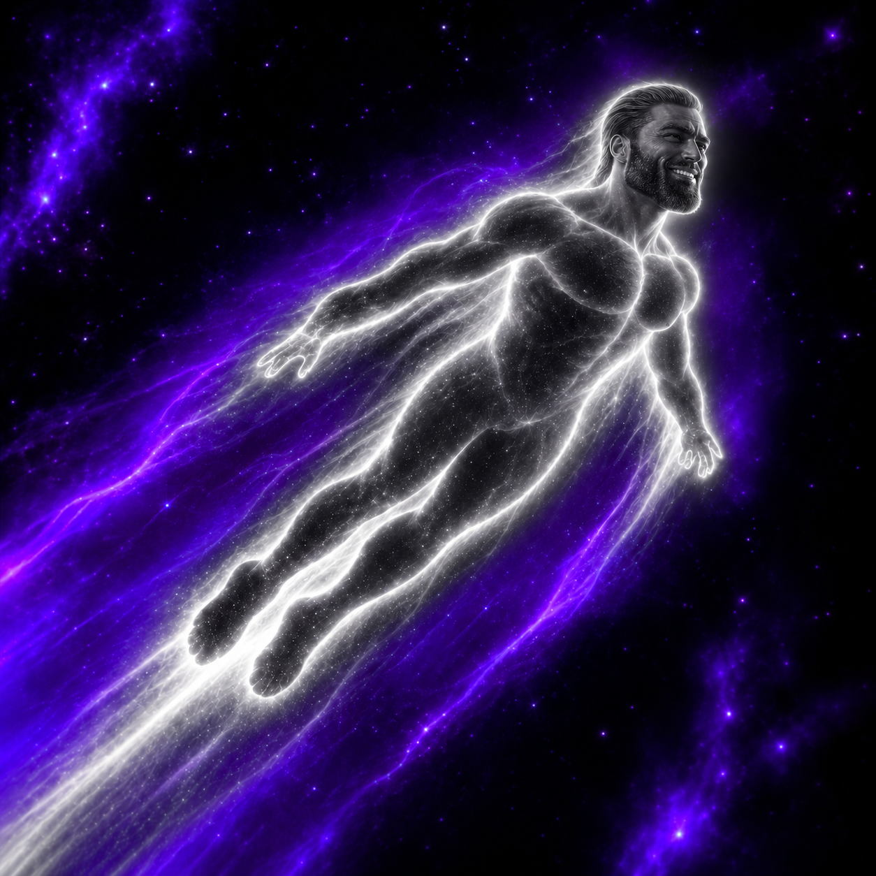A glowing cosmic figure accelerating through purple space